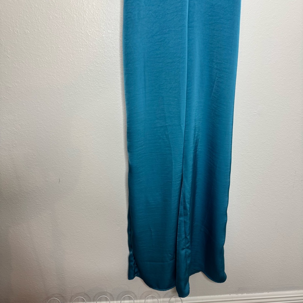 Lulu's Remarkable Style Blue Satin Twist-Back‎ Cutout Wide-Leg Jumpsuit - Picture 3 of 10
